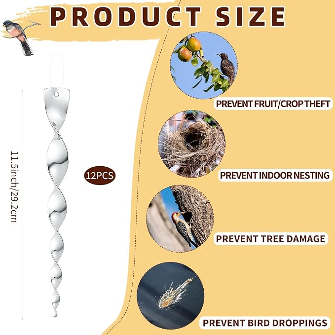 12 Pack 12 Inches Silver Wind Twisting Rods with Reflective Spiral Design, Hanging Wind Spinner Keep Birds Away for Outdoor Yard, Garden, Farm and Christmas Tree Decorations