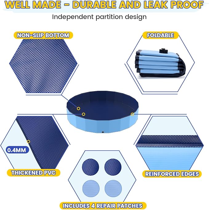 PETOCAT 97" Foldable Dog Pool Kiddie Swimming Pool,Plastic Non-Slip Hard Shell Kids Wading Pool, Large Portable Collapsible Pet Puppy Bathing Tub, Heavy Duty - Family Size, 8 ft x 16 inch.D - 5XL