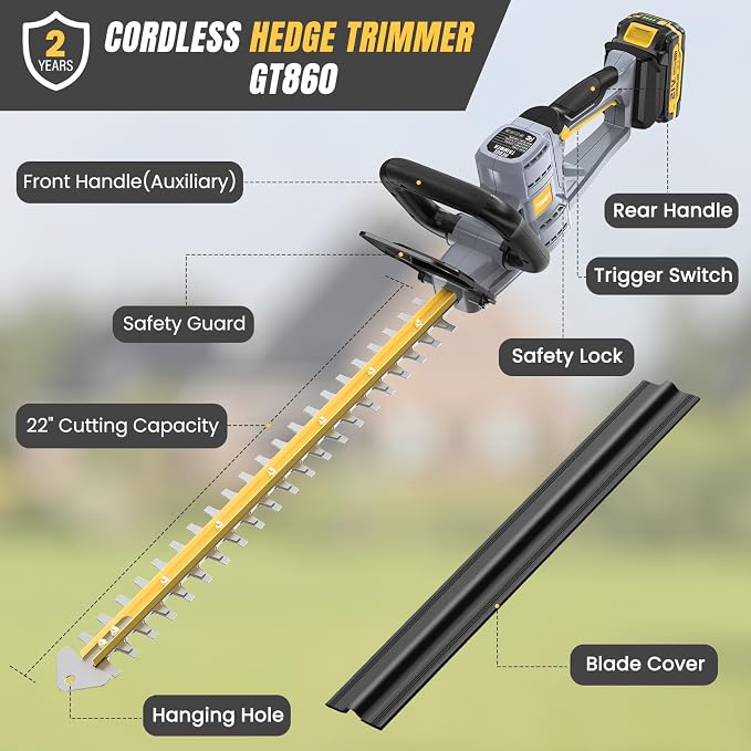 Hedge Trimmer Cordless 22" - 21V Powerful Electric Hedge Trimmer with 2 x 2.0Ah Batteries and Fast Charger, Easy to Use, 3200RPM Lightweight Battery Powered Bush Trimmers for Garden, Yard Care, GT860