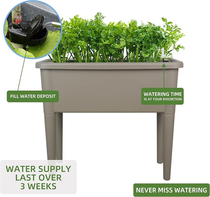 Dexceder 13.2 Gallon Self Watering Raised Garden Bed (Light Brown) | Ventilation Transparent Lid Greenhouse, Deepen Vegetable Flower Box Planter Pot with Removeble Legs & Water Level Indicator