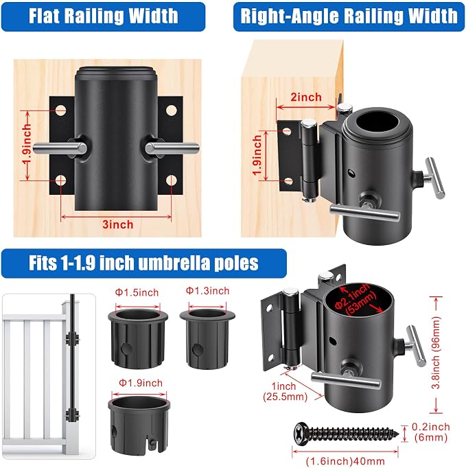 KingDolly Heavy Duty Deck Umbrella Holder with Secure &Space-Saving, Umbrella Holder for Deck Mounted on a Flat Surface or at Right Angles, Umbrella Brackets for Deck Railing, Fits 1"-1.9" Poles