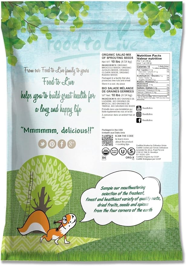 Food to Live Organic Salad Mix of Sprouting Seeds, 10 Pounds — Non-GMO Broccoli, Radish, Clover, Alfalfa. Rich Germination Rate, Non-Irradiated, Kosher, Vegan Superfood, Bulk, Rich in Sulforaphane