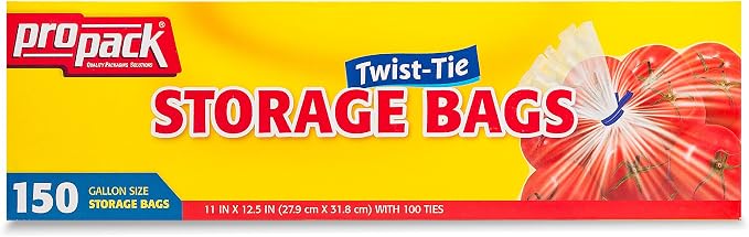 1 Gallon Storage Bags with Twist Ties, 150 Count - Clear Plastic Food Storage Bags for Sandwiches, Snacks, Fruit, Produce & Freezer