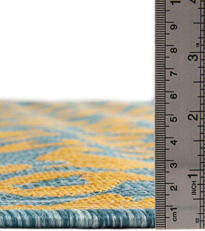 Unique Loom Outdoor Safari Collection Area Rug - Leopard (13' Round, Blue Yellow/ Blue)
