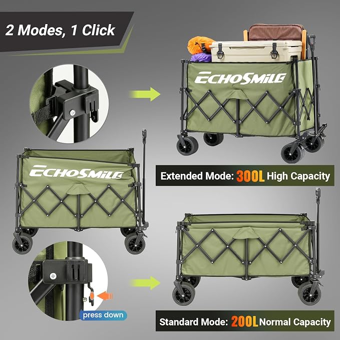 EchoSmile Collapsible Foldable Extended Wagon with 500Lbs Weight Capacity, 300L Folding Utility Wagon Cart with Big All-Terrain Wheels for Beach,Sport,Garden&Grocery (Green)