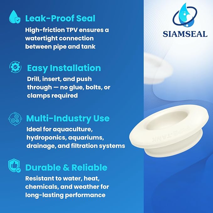 1 inch Hydroseal flexible tank adapter TPV Grommet bulkhead connector, Leak-Proof aquarium bulkhead fitting for 1'' PVC Pipe, Tanks, Hydroponics, Aquaculture, Filtration & Drainage, No-Glue Push-Fit