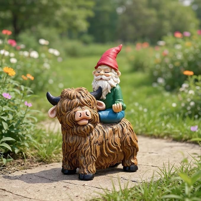 Meditating Garden Gnome on Highland Cow Outdoor Statue | Waterproof Resin, Yard Art Figurine, Funny Lawn Ornaments, Patio Decor