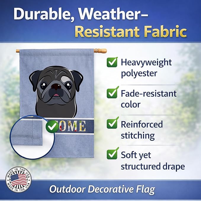 Caroline's Treasures BB1449CHF Black Pug Welcome House Flag, Blue Large Porch Sleeve Pole Decorative Outside Yard Banner Artwork Wall Hanging, Polyester, House Size, Multicolor