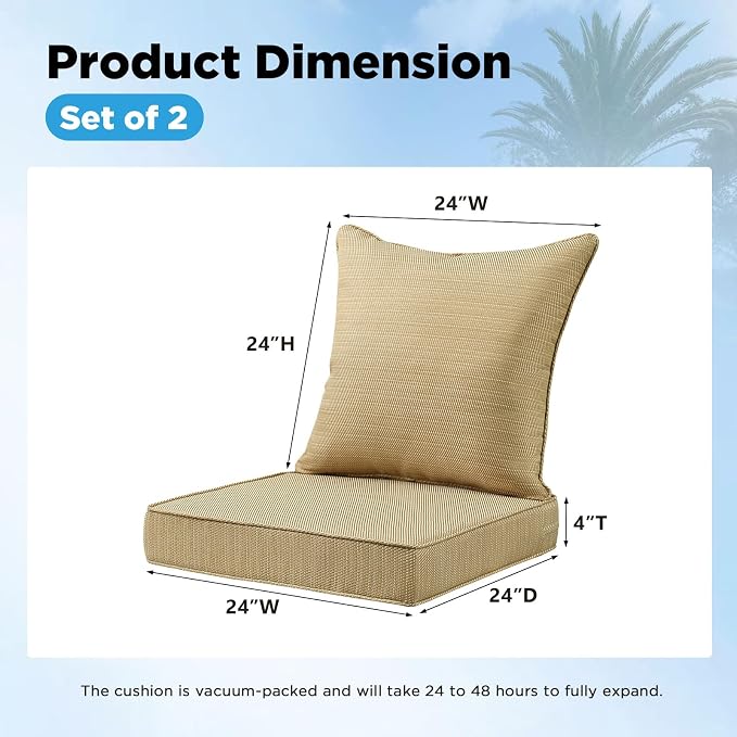 Outdoor Deep Seat & Back Cushion Set (2-Pack), 24 x 24 Inch Water Repellent and Fade Resistant Patio Furniture with Removable Cover for Outside Sofa Couch, Yellow Weave Pattern