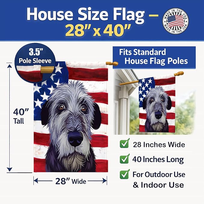 Caroline's Treasures CK6573CHF Irish Wolfhound American Flag House Flag Large Porch Sleeve Pole Decorative Outside Yard Banner Artwork Wall Hanging, Polyester, House Size, Multicolor