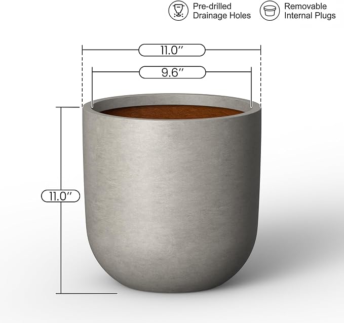 Kante 11" Round Concrete Planter, Medium Plant Pot with Drainage Hole & Rubber Plug – Lightweight Rustic Concrete Container for Indoor Outdoor, Home Garden Patio