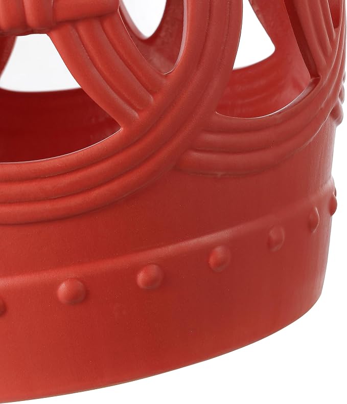 JONATHAN Y Lucky Coins 16" Ceramic Garden Stool, Contemporary Matte Coral Cutout Interlocking Rings Drum Indoor/Outdoor Side Table and Plant Stand for Patio, Garden, Living Room TBL1022G