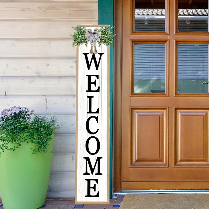 Welcome Sign for Front Porch Standing 45"X9" Large Vertical Farmhouse Outside Front Door Sign Leaner Tall Vintage Outdoor Wreath Patio Garden Wood Framed Decorations (Wood White)