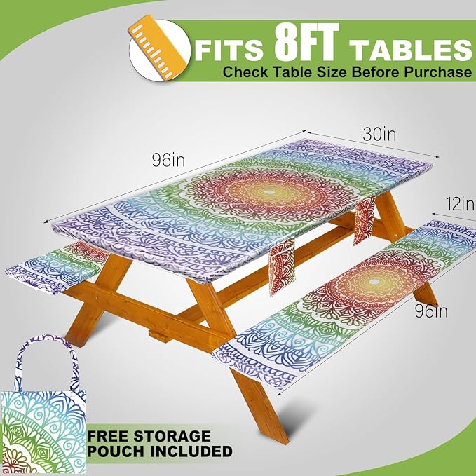 Wrakus Picnic Table Cover with Bench Covers Vinyl Elastic Edges Fitted Rectangle Seat Tables Waterproof 3-Piece96X30in Set Outdoor Rectangular Folding Backing Tablecloth for Camping Over Size