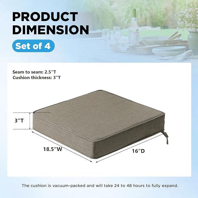 18.5 x 16 Inch Sunbrella Outdoor Chair Cushions with Tie Straps, Set of 4 Thick Water Repellent Rectangle Patio Chair Pads for Garden Lawn Patio Furniture, Cast Shale