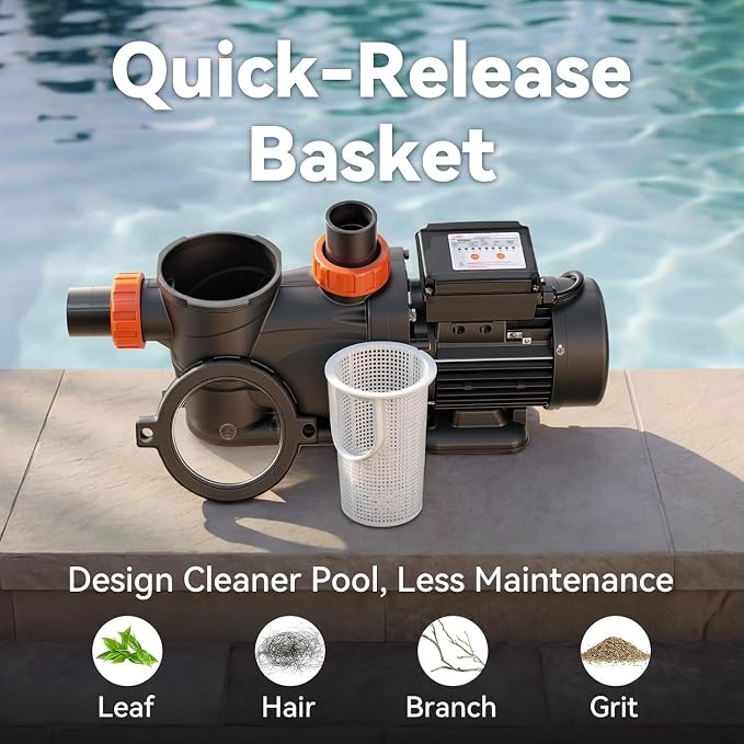 LEO 3HP In/Above Ground Pool Pump with Timer High Flow Powerful Self Priming Pool Pump, Single Speed 115V 7910GPH, Orange Red