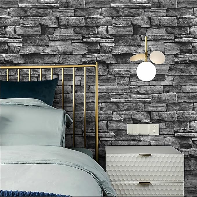 Jeweluck Grey Brick Wallpaper Peel and Stick Wallpaper 17.7”×393.7” Faux Stone Wall Paper Peel and Stick Brick Contact Paper for Kitchen Stone Self Adhesive Removable Decorative for Walls Vinyl
