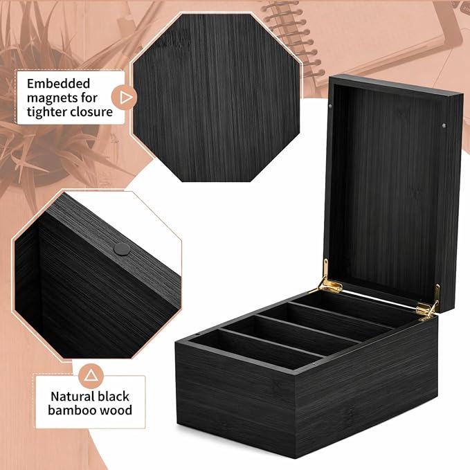Henoyso 4 x 6 Inch Index Card Holder Set, Bamboo Organizer Box with 50 Dividers & 2 Sheets Alphabet Number Stickers File Note Holders, Holds 1200 Cards for Office Business Home Kitchen, Black