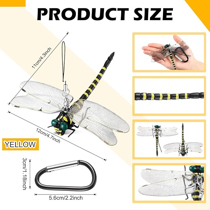 Qualirey Dragonfly Hat Clip Realistic Simulated Dragonfly with Hook Clip Attach to Backpack Hat for Indoor Yard Garden Plant Decor(Yellow,2pcs)