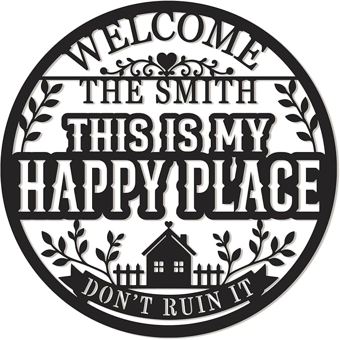 Personalized This Is My Happy Place Metal Sign Custom Family Name Sign Farmhouse Wall Decor Welcome Sign for Front Porch Living Room Backyard Housewarming Gift