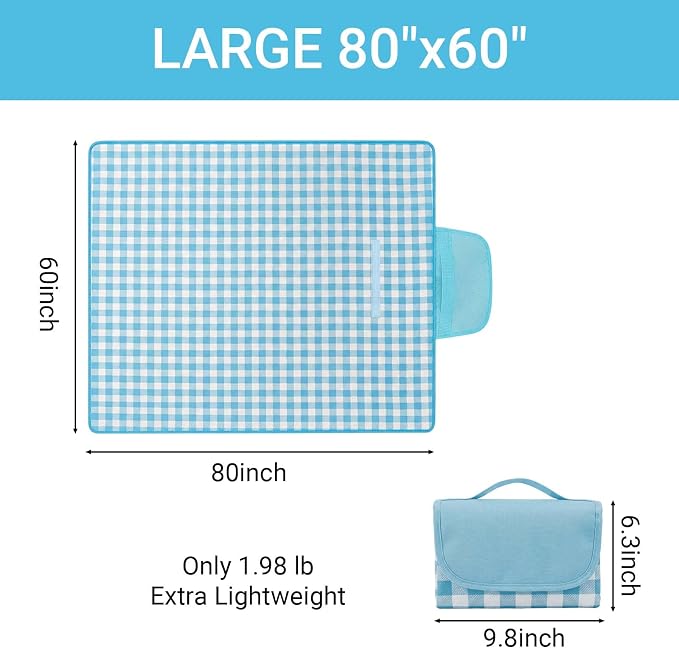 Waterproof Foldable Picnic Blanket Outdoor with Carry Strap,80"X60" Extra Large Beach Blanket Sandproof,Portable Soft Gingham Picnic Mat for Camping Travel Hiking Family Concerts Park(Blue)