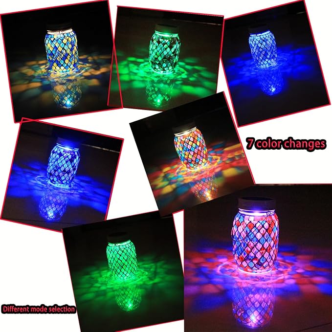Solar Mosaic Outdoor Lanterns - 12 Color Changing LED, 4 Lighting Modes with Remote Control, Handcrafted Glass Decor Lights, Hanging or Tabletop Decor for Garden (red)