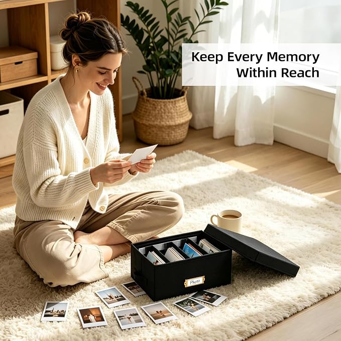 Linen Photo Storage Box with Adjustable Hook and Loop Dividers, Holds 850 4"x6" Photos, Collapsible Picture Organizer with Handle and Label Stickers, Memory Keepsake Box for Women, Black