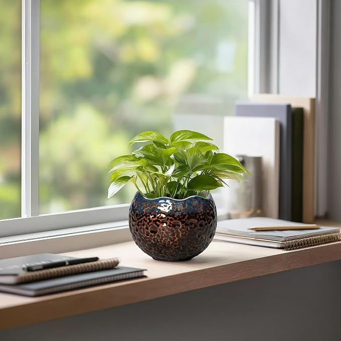 Ceramic Plant Pots - 4 Inch Pots for Plants with Drainage and Plug, Small Planters for Indoor Plants Outdoor, Modern Planter, Small Flower Pot, Room Decor, Plant Lovers Gifts, Brown-Blue