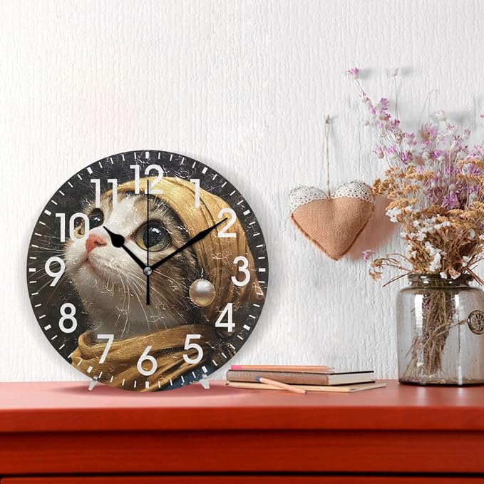 ALAZA Home Decor Cute Kitten Cat Black Round Acrylic 9.84 Inch Wall Clock Non Ticking Silent Clock Art for Living Room Kitchen Bedroom