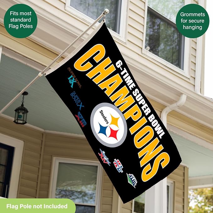NFL Pittsburgh Steelers Multi-Win Superbowl Champions 3x5 Flag for Outside with Grommets | Outdoor & Indoor | Heavy Duty Flag & Banner | Works with Flag Pole for Outside House