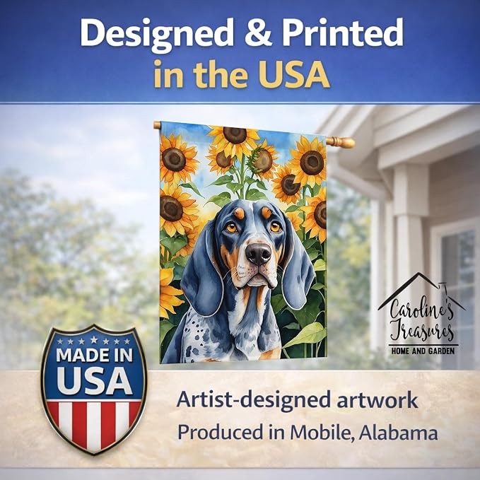 Caroline's Treasures DAC6030CHF Bluetick Coonhound in Sunflowers House Flag Large Porch Sleeve Pole Decorative Outside Yard Banner Artwork Wall Hanging, Polyester, House Size, Multicolor