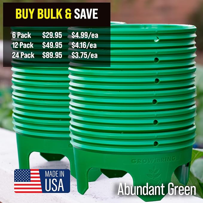 7 inch Solid Planting Grow Rings | 12 Pack Green | One-Piece Design for Deep Root Watering Veggies, Herbs & Flowers | Mulch & Soil Barrier | Deter Slugs and Cutworms | Heavy Duty | Made in USA