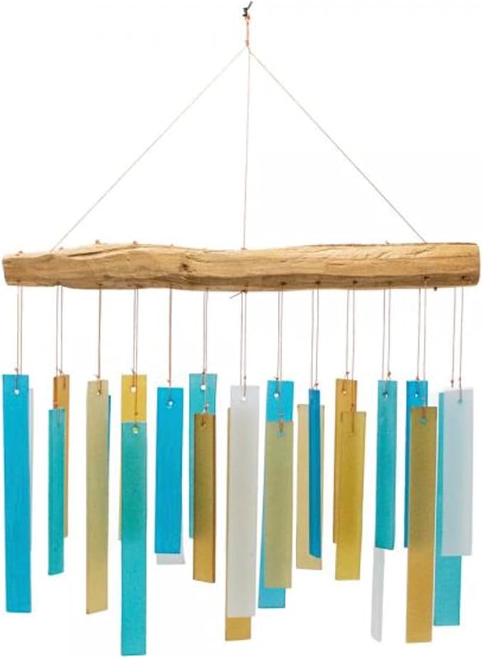 Blue Handworks Caribbean Beach Glass and Driftwood Chime - Sandblasted Glass and Found Wood Hand Crafted Wind Chime | Sandblasted Glass and Found Wood Hand Crafted Wind Chime