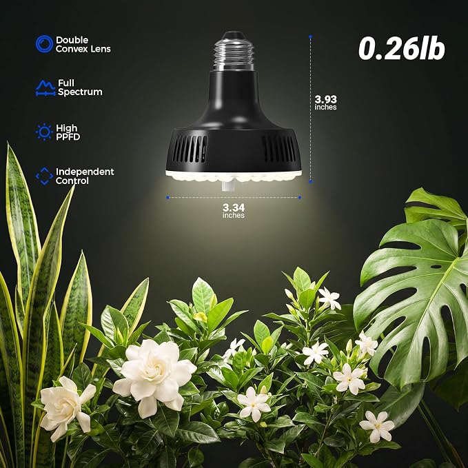 Barrina Orbgrow OG11A Grow Light Bulbs for Indoor Plants, Integrated Dimming & Timing, 4000K 22W(2 x 11W, 200 Watt Equiv), E26 Plant Light Bulb, Full Spectrum for Seeds and Greens, 2 Packs, Black