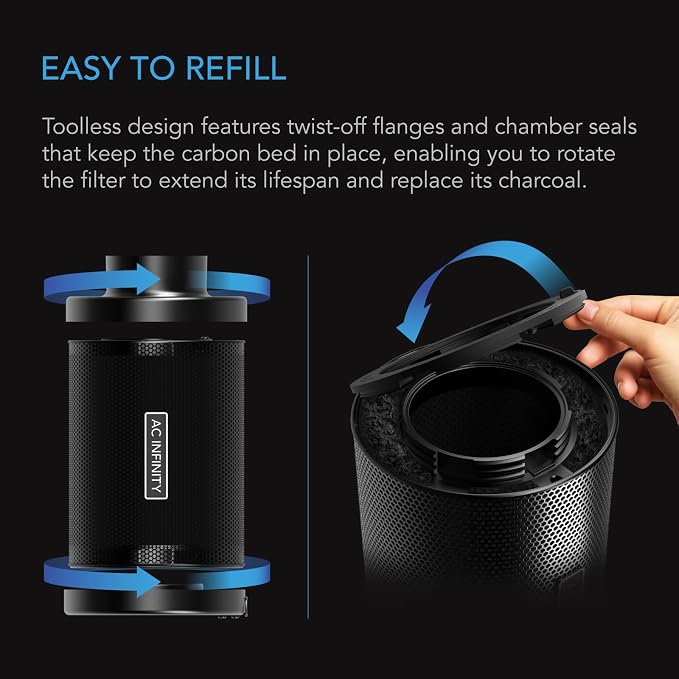 AC Infinity Refillable Carbon Filter Kit 8” with Additional Refill. | Odor Removal Air Scrubber For 8" Inline Fan and Ducting, Reusable Charcoal Filter for Grow Tent Grow Room Hydroponics
