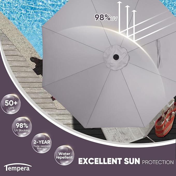 Tempera Patio Market Outdoor Table Umbrella with Push Button Tilt and Crank, Large Sun Umbrella with Sturdy Pole & Fade Resistant Canopy, Easy to Set