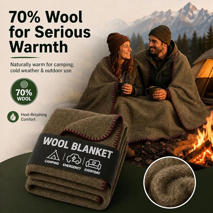 Wool Camping Blanket - 70% Wool Heavy-Duty Military Style Throw, Warm & Washable, Fire Retardant Cover for Emergency, Survival & Outdoor Use - Perfect for Camping, Car, Home & Hiking, Olive 66x90