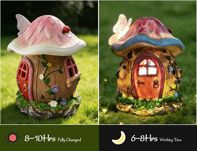Mushroom Fairy Garden House Statue Outdoor Figurine with Solar Light,Garden Fairy House Decor,Fairy Cottage Ornaments,for Patio Yard Balcony Decoration,Gifts for Mom & Women