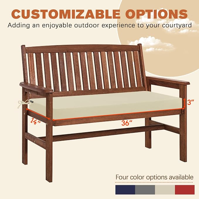 Favoyard Outdoor Bench Cushion 36 x 14 Inch Rainproof Patio Furniture Cushions 3-Year Color Fastness Garden Settee Porch Pads with Ties, Beige