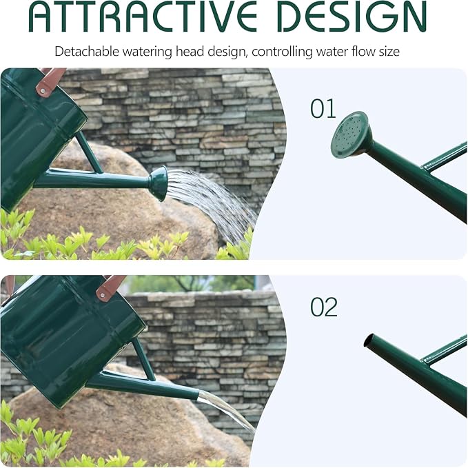 Metal Watering Can with Removable Spout, 1 Gallon Watering Cans Stainless Steel Handhold for Outdoor Indoor Garden Plants Watering (Green)