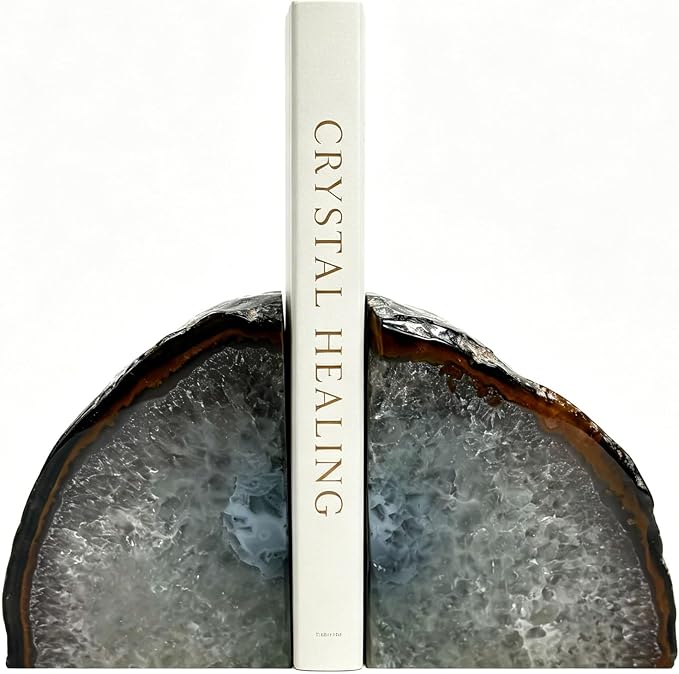 Natural Agate Geode Bookends - 2 to 3 lb Heavy Duty Rock Crystal Stone Book Ends for Shelves, with Rubber Bumpers, Decorative Book Holders for Home Office