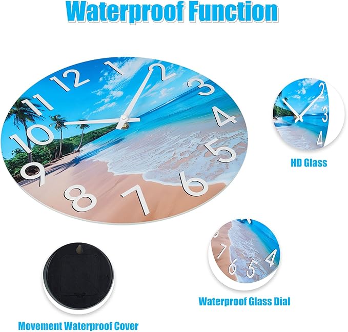 JoFomp Beach Outdoor Clocks for Patio, Large Outdoor Clocks Waterproof 10 Inch with Glass, Outdoor Wall Clocks Battery Operated, Pool Clock Outdoor Weatherproof, Outside Clock for Backyard/Garden