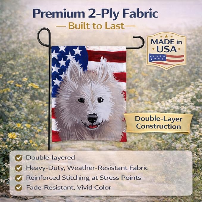 Caroline's Treasures CK6687GF Samoyed Dog American Flag Garden Flag Mailbox Flag Decorative Yard Flag Banner Outside Patio Artwork Yard Flower Beds, Garden Size, Multicolor