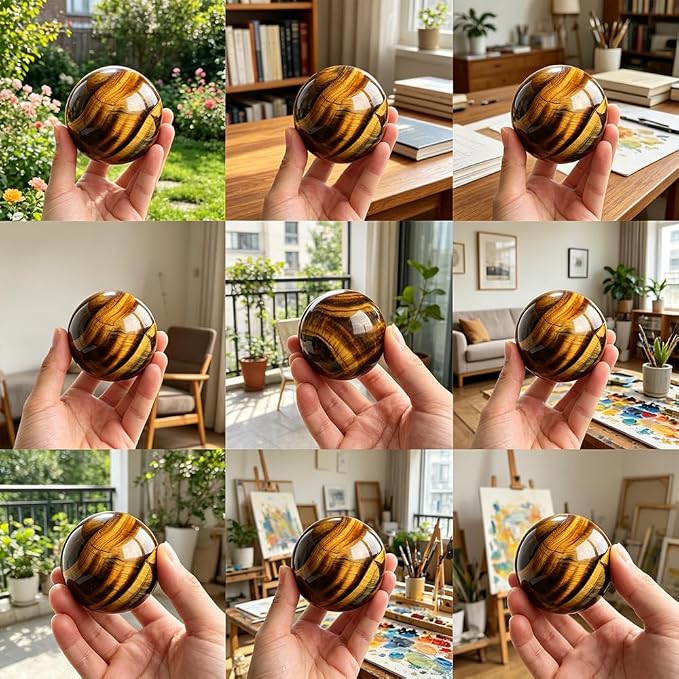 2-2.4 inch Natural Tiger's Eye Crystal Ball with Stand, Hand Polished Tiger Eye Stone Sphere, Healing Crystal Decorative Orb, Reiki Energy Stone Crafts, Feng Shui Home Ornament