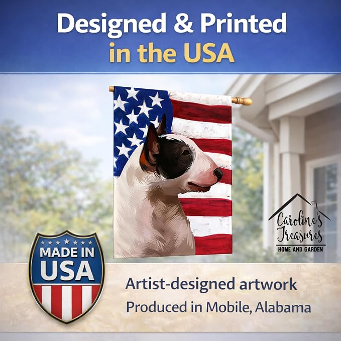 Caroline's Treasures CK6466CHF Bull Terrier Miniature American Flag House Flag Large Porch Sleeve Pole Decorative Outside Yard Banner Artwork Wall Hanging, Polyester, House Size, Multicolor