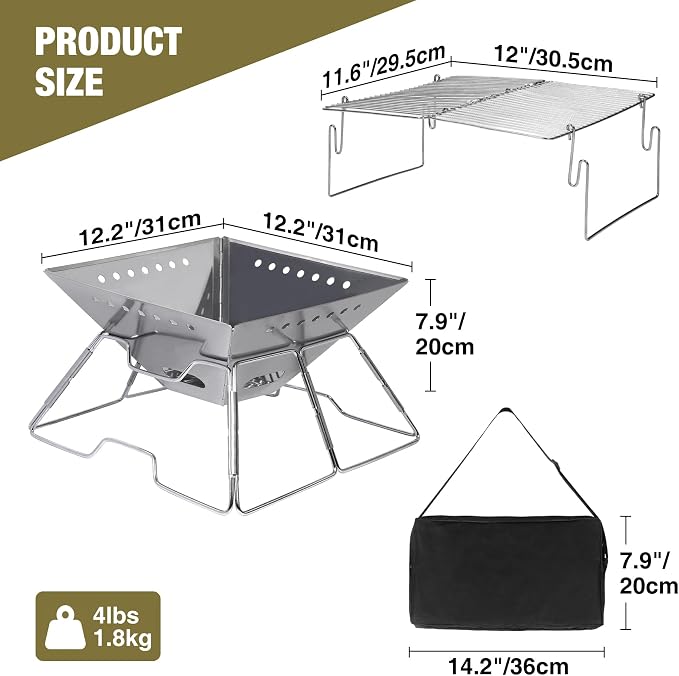 Portable Fire Pit with Grill for Camping, Heavy Duty Collapsible Foldable Fire Pit with Campfire Grill & Carry Bag for Outdoor, Backyard, Patio, Picnic, BBQ