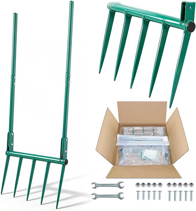 VVOKGO Broadfork Garden Tool with 11.8" Long Tines, 5-Tine Broad Fork for Gardening Heavy Duty, Unbreakable Garden Fork & Hand Tiller for Farm Digging, Crushing, Aerating Soil