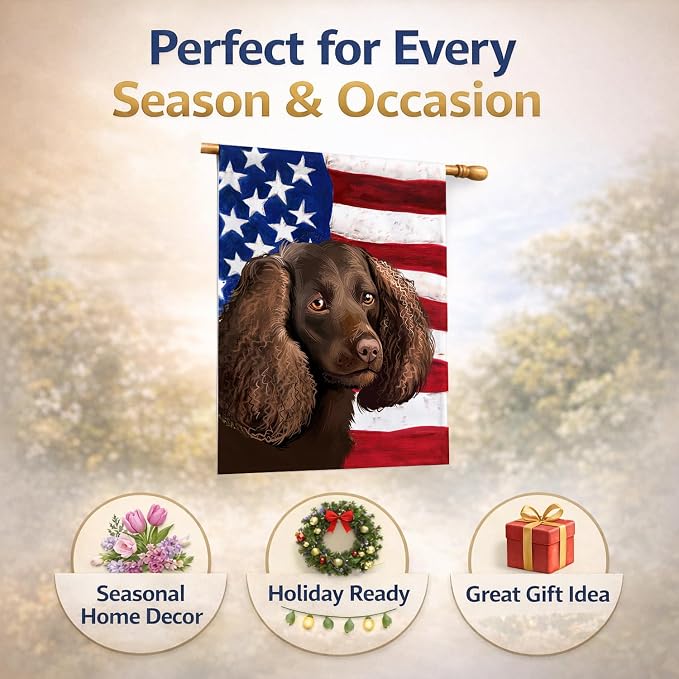 Caroline's Treasures CK6402CHF American Water Spaniel American Flag House Flag Large Porch Sleeve Pole Decorative Outside Yard Banner Artwork Wall Hanging, Polyester, House Size, Multicolor
