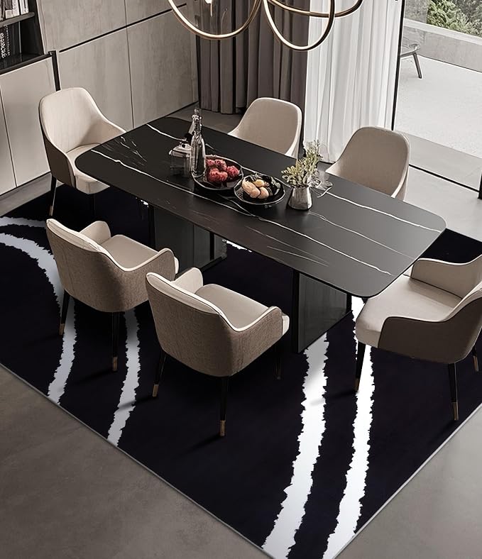 Black Modern Area Rug 5x7,Abstract Rugs for Bedroom,Minimalist Striped Rug,Black and White Geometric Rug,Dark Washable Area Rugs 5x7 Non Slip Throw Rugs for Bedroom，Office