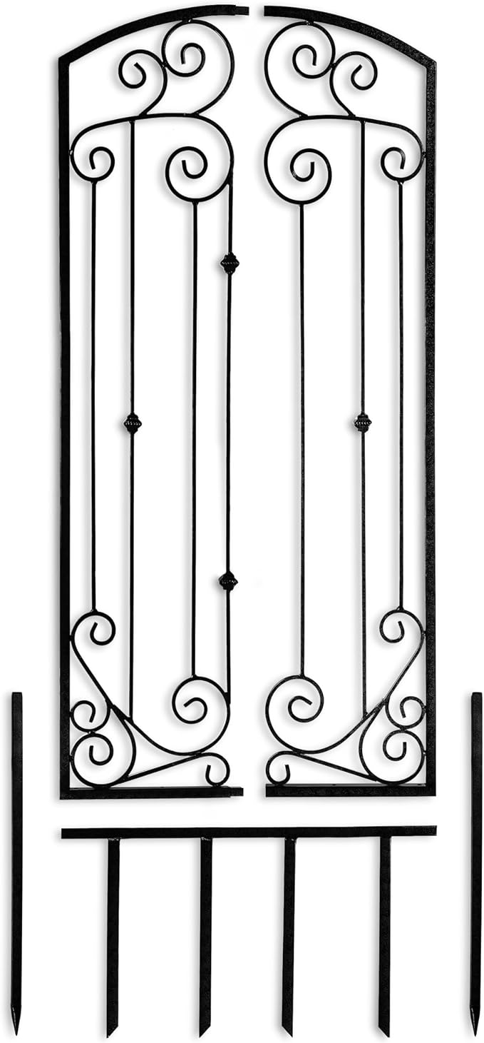 H Potter Scroll Garden Trellis 72" H, Freestanding Heavy Duty Iron, Black | Ground spikes included. Durable powder-coated finish. Supports climbing roses, clematis, ivy and vines.